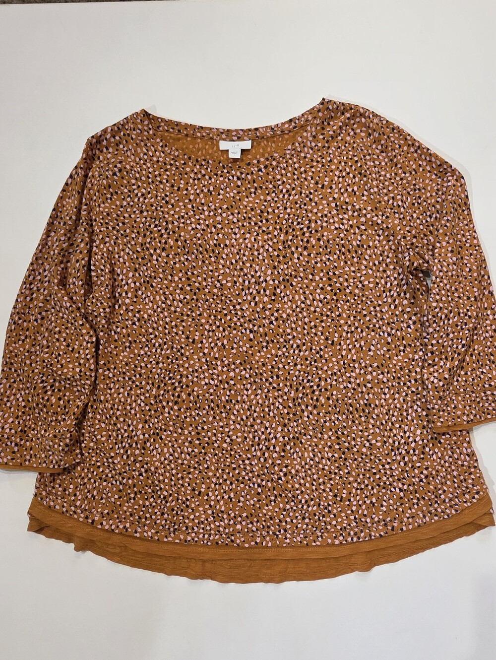 J. Jill Tunic Top Womens Large Tan Navy Pink Dots Lagenlook High Low Hem Casual
